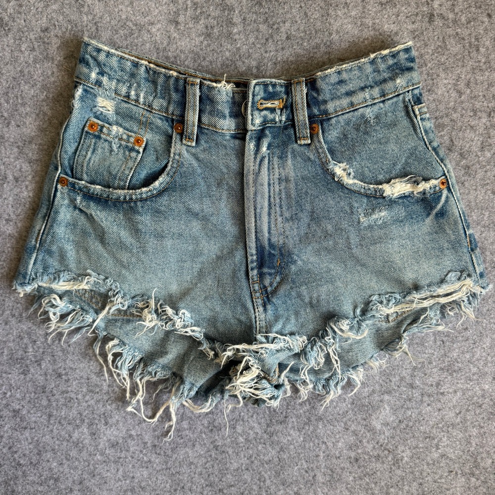 Zara Womens High Waisted Distressed Denim Cut Off Shorts 2 Light Blue Frayed Hem